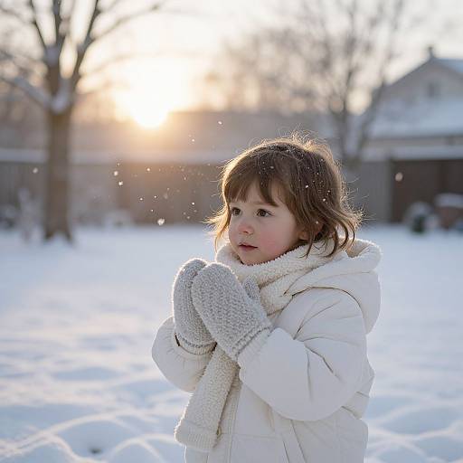 Photograph of a young girl with brown hair, wearing a white coat and gray mittens, standing in a snowy backyard at sunset, holding her hands