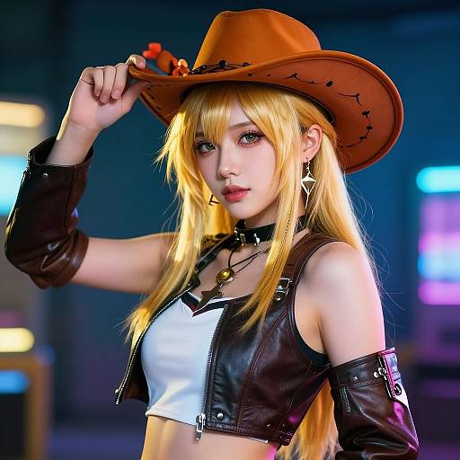 Photograph of a blonde cosplayer in a brown cowboy hat, white crop top, black leather jacket, and choker, with neon-lit background