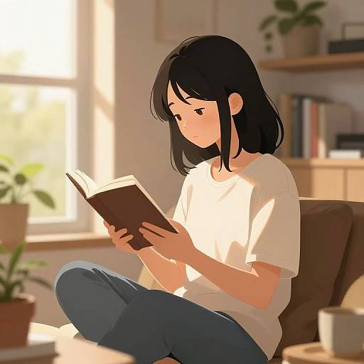 Anime-style digital drawing of a black-haired girl in a white t-shirt and blue jeans, sitting cross-legged, reading a book in a sunlit room