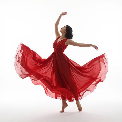 Photograph of a graceful woman in a flowing red dress, mid-dance pose, arm raised, dress billowing, against a white background.