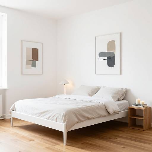 Minimalist bedroom photograph: white bed with beige linens, wooden nightstand with candles, abstract art on white walls, wooden floor, bright natural light