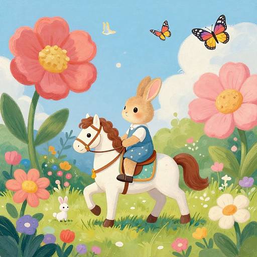 Whimsical Bunny Riding Horse in Garden