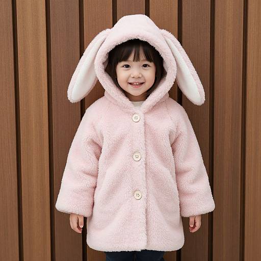 Photograph of a smiling young Asian girl with straight black hair, wearing a fluffy white bunny hooded coat with long ears, standing against a wooden sl