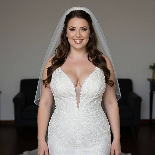 Photograph of a smiling, fair-skinned woman with long brown hair wearing a white lace wedding dress and veil, standing indoors.