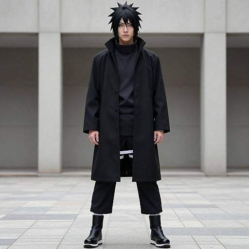 Photograph of an anime-style young man with spiky black hair, wearing a long black coat, black pants, and boots, standing in a modern