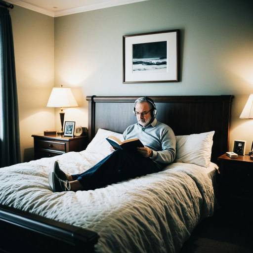 Man Reading on Bed with Headphones