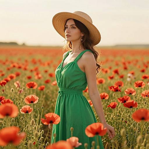 Photograph of a young woman with long dark hair, wearing a green dress and straw hat, standing in a vibrant red poppy field at sunset.