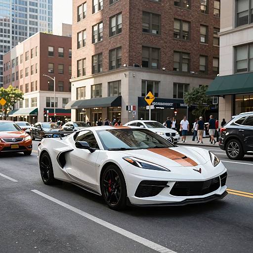 Photograph of a sleek white and orange Lamborghini Gallardo with black rims driving on a city street, surrounded by pedestrians and other cars in front of