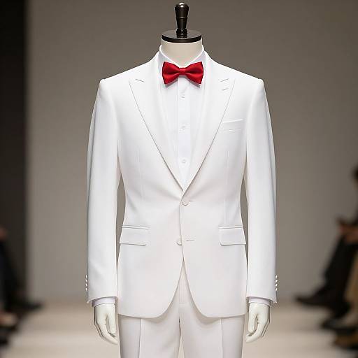 Photograph of a headless mannequin wearing a sleek, white tailored suit with a vibrant red bow tie, displayed on a runway.