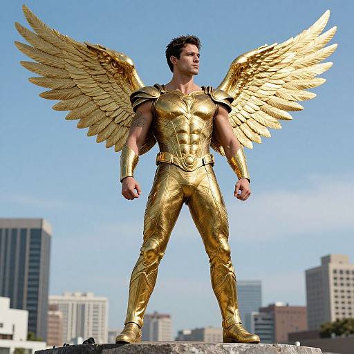 Photograph of a muscular man with golden, feathered wings and matching golden armor standing confidently on a rooftop against a clear blue sky with city skyscrap