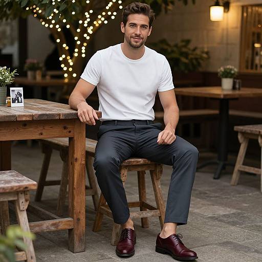 Photograph of a handsome, muscular man with dark hair and beard, wearing a white t-shirt, black pants, and brown shoes, sitting at a