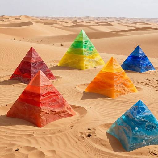 Photograph of six translucent, rainbow-colored plastic pyramids in a sunlit desert with rippled sand, each pyramid a different vivid color.