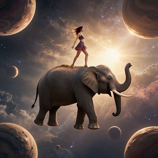 A silhouette of a woman in a purple dress riding an elephant floats in a cosmic sky filled with planets and stars. Digital art.