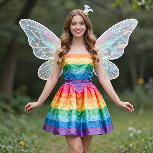 Photograph of a smiling young woman with long brown hair, wearing a rainbow dress and translucent fairy wings, standing in a green, forested area.