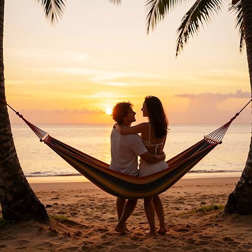 Silhouetted couple in a colorful hammock, embracing at sunset on a tropical beach, palm trees framing the scene. Photographic image.