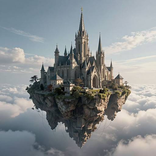 Photorealistic CGI of a floating, Gothic-style castle with spires, surrounded by clouds, reflecting in a mirrored cliff below.
