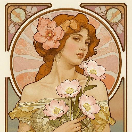 Art Nouveau-style digital illustration of a fair-skinned woman with curly red hair, adorned with a pink flower, holding pink peonies, wearing