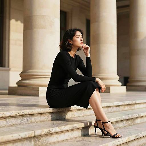 Photograph of an Asian woman with short black hair, wearing a black dress and heels, sitting on stone steps, thinking, with classic columns in the