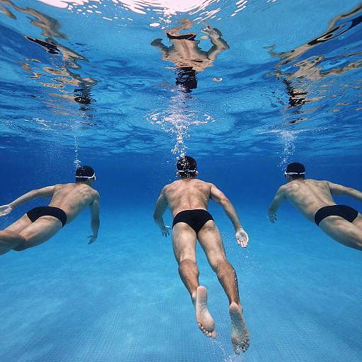 Three Athletic Asian Males Swimming Upstream