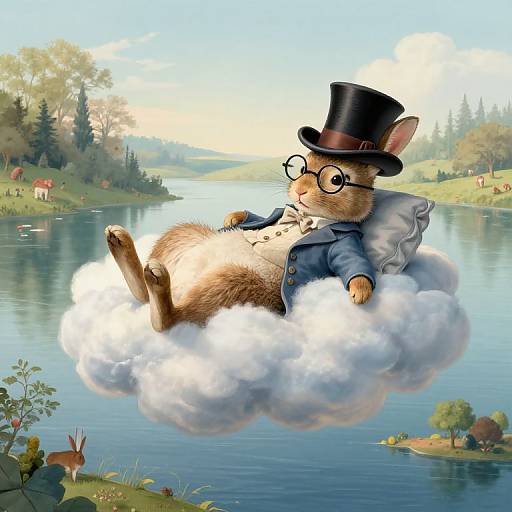 Whimsical digital painting of a bespectacled rabbit in a top hat and blue coat, lounging on a cloud over a serene lakeside