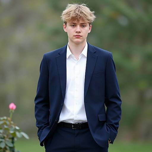 Photograph of a young, blonde, fair-skinned boy in a dark blue suit and white shirt, standing outdoors with a blurred green background and a