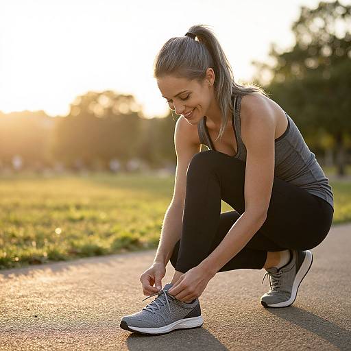 Photograph of a smiling, fit woman with long, tied-back hair, wearing a gray tank top and black leggings, tying her gray sneakers on a