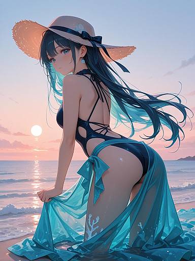 Girl in Blue Monokini and Wide-Brimmed Hat at Sunset Beach