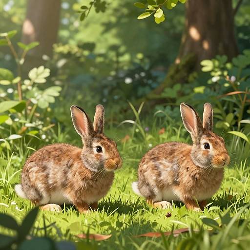 Photograph of two brown and white rabbits with upright ears, standing on sunlit, green grass in a lush forest clearing.