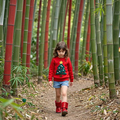 Photograph of a young girl with brown hair, wearing a red sweater with a Christmas tree design, blue shorts, and red boots, walking through a