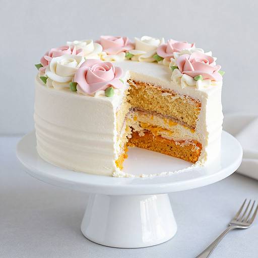 Photograph of a white-frosted, two-layer carrot cake with pink roses and white swirls, sliced, on a white pedestal stand.