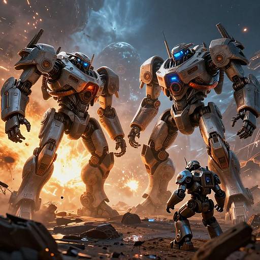 Photorealistic CGI of three metallic robots in a fiery, cosmic battlefield. Two towering robots with glowing blue and red eyes stand dominant, while a smaller