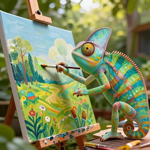 Photograph of a colorful, detailed chameleon painting a vibrant, floral landscape on an easel in a sunlit, leafy garden.
