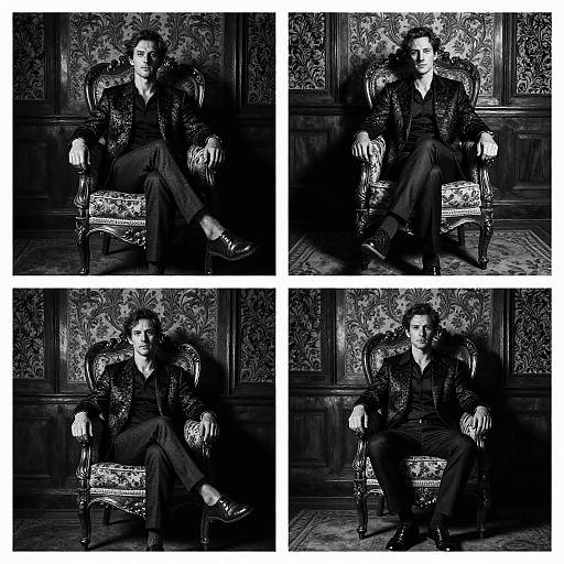 Black-and-white photograph collage of a man with dark hair, wearing a patterned jacket and pants, seated in an ornate chair, against intricately
