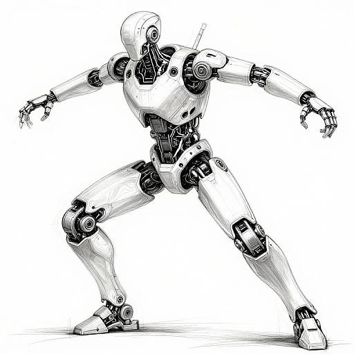 Black-and-white digital sketch of a humanoid robot in a dynamic, wide stance with outstretched arms and detailed mechanical joints.