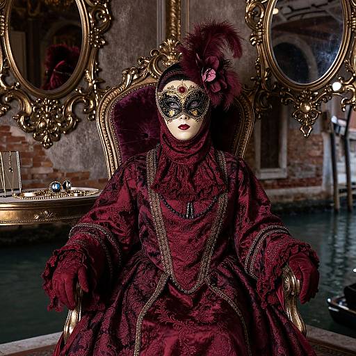 Photograph of a masked, red-velvet-clad figure in ornate chair, with gold-framed mirrors and a gondola in the