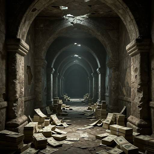 Abandoned, dimly-lit stone archway with scattered stacks of money and broken boxes in a dark, cavernous, medieval-style basement. Phot