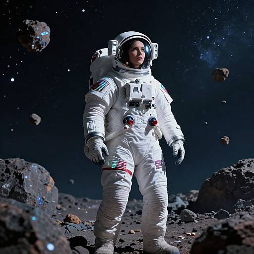 Photorealistic CGI of an astronaut in a white spacesuit standing on a rocky, asteroid-covered lunar surface with a starry night sky background.