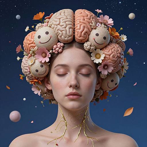 Digital artwork of a serene woman with closed eyes, brain-shaped hair buns adorned with smiley faces and flowers, against a starry night sky.