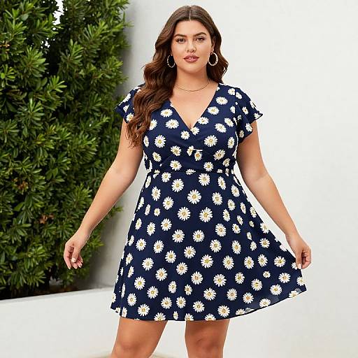 Photograph of a curvy woman with long brown hair, wearing a navy blue, white daisy-patterned dress, hoop earrings, standing in front
