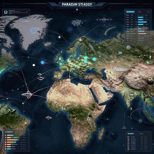 Detailed, colorful parallax view of the world map highlighting flight paths with blue markers, topographic features, and various data overlays.