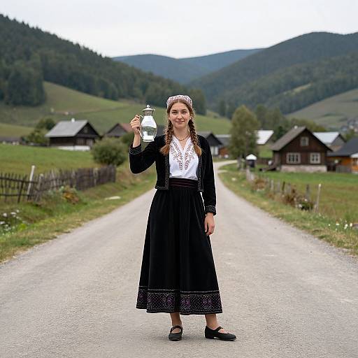 Photograph of a young woman in traditional black dress and white blouse, holding milk in a glass bottle, standing on a rural road with wooden houses and