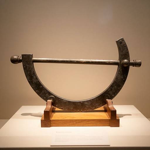 Photograph of a vintage, curved iron bar with two knobs, displayed on a wooden stand against a plain beige background.