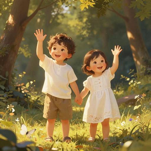 Toddlers Waving in Golden Forest
