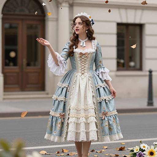Photograph of a young woman in a detailed blue and white Victorian-style dress, standing on a street with autumn leaves falling, in front of a classic