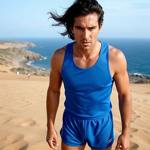 Photograph of a muscular man with dark hair in a blue tank top and shorts, running on a sandy beach with a coastal landscape in the background.