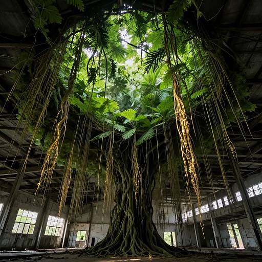 Photograph of a massive, towering tree with long, hanging vines in an abandoned, dimly lit industrial building with large windows.