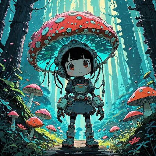 Biomechanical Fungi Cyborg in Enchanted Forest