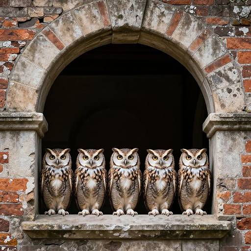 Human-Faced Owls Under Stone Archway