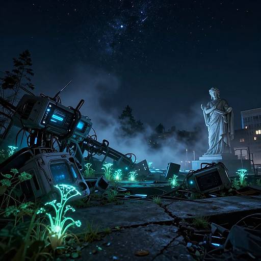 Photorealistic digital art: glowing blue sci-fi robots surround a illuminated statue of a robed figure under a starry night sky. Mist and neon