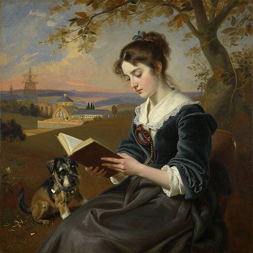 Romantic-era painting of a fair-skinned woman with dark hair reading a book under a tree, accompanied by a sitting dog, with a distant landscape